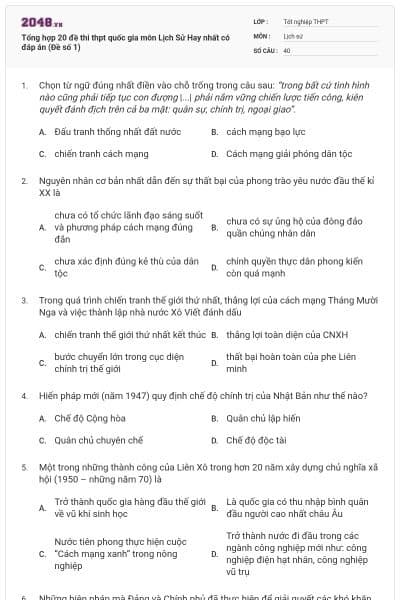 Tổng hợp 20 đề thi thpt quốc gia môn Lịch Sử Hay nhất có đáp án (Đề số 1)