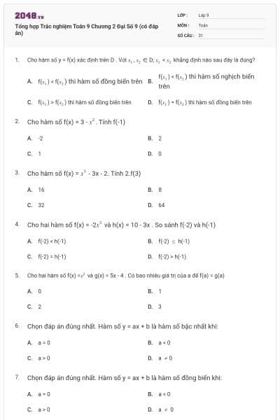 Tổng hợp Trắc nghiệm Toán 9 Chương 2 Đại Số 9 (có đáp án)