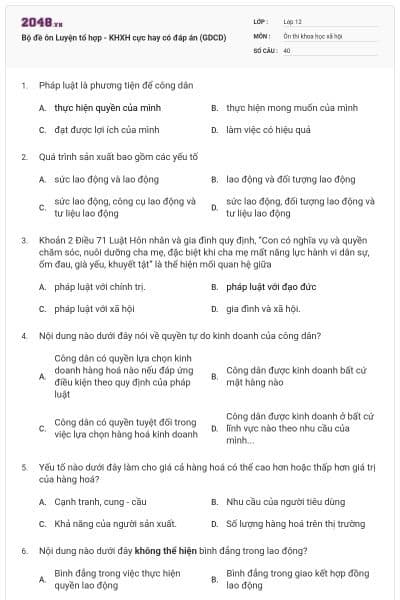 Bộ đề ôn Luyện tổ hợp - KHXH cực hay có đáp án (GDCD)