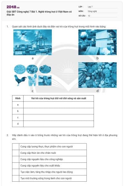 Giải SBT Công nghệ 7 Bài 1. Nghề trồng trọt ở Việt Nam có đáp án
