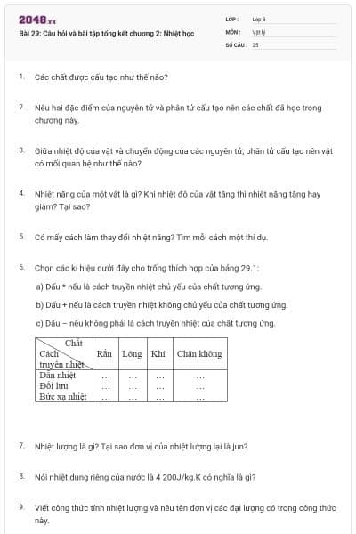 Bài 29: Câu hỏi và bài tập tổng kết chương 2: Nhiệt học