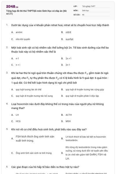 Tổng hợp đề thi thử THPTQG môn Sinh Học có đáp án (Đề số 21)