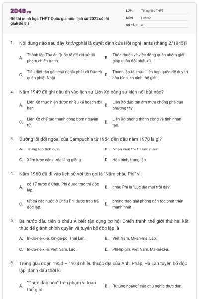 Đề thi minh họa THPT Quốc gia môn lịch sử 2022 có lời giải(Đề 8 )