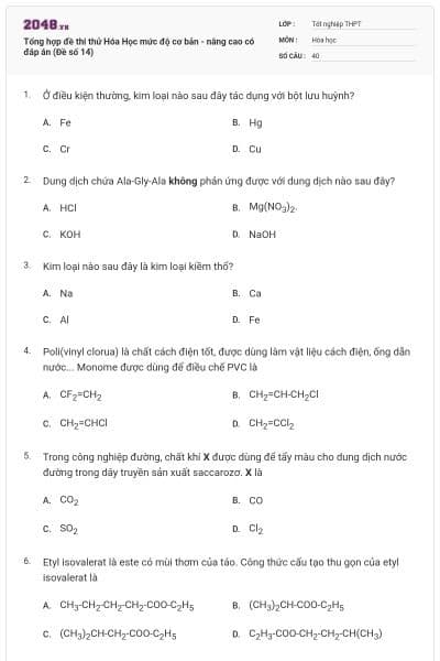 Tổng hợp đề thi thử Hóa Học mức độ cơ bản - nâng cao có đáp án (Đề số 14)