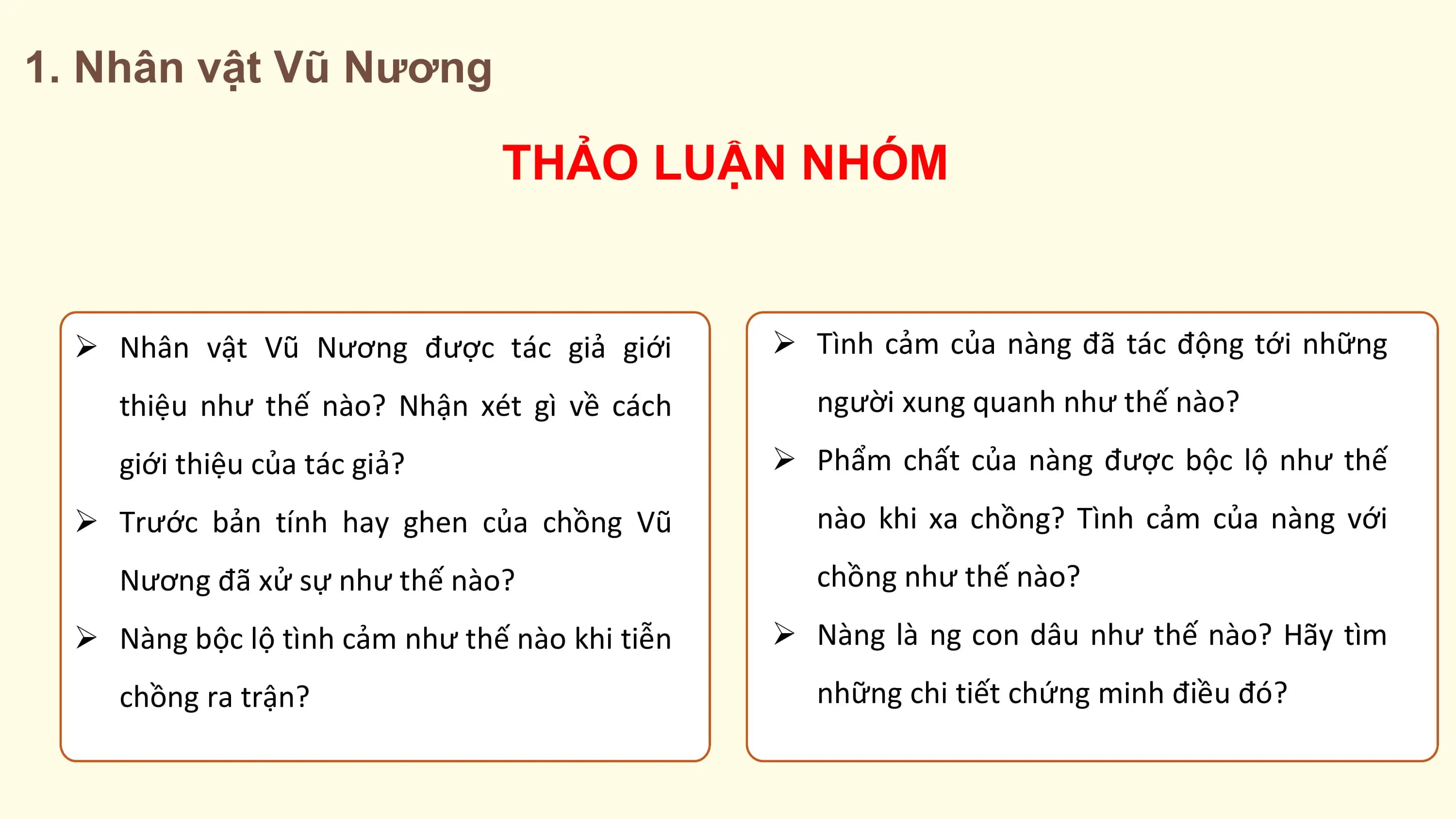 1. Nhân vật Vũ Nương

 THẢO LUẬN NHÓM

 Ø Nhân vật Vũ Nương được tác giả giới Ø Tình cảm của nàng đã tác động tới những
 thiệu như thế nào? Nhận xét gì về cách người xung quanh như thế nào?
 giới thiệu của tác giả? Ø Phẩm chất của nàng được bộc lộ như thế
 Ø Trước bản tính hay ghen của chồng Vũ nào khi xa chồng? Tình cảm của nàng với
 Nương đã xử sự như thế nào? chồng như thế nào?
 Ø Nàng bộc lộ tình cảm như thế nào khi tiễn Ø Nàng là ng con dâu như thế nào? Hãy tìm
 chồng ra trận? những chi tiết chứng minh điều đó?