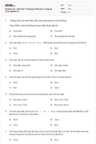 Đề kiểm tra 1 tiết Toán 7 Chương 3 Hình học có đáp án (Trắc nghiệm 2)