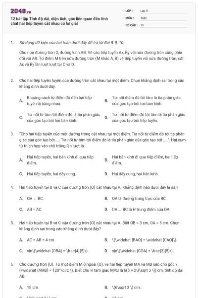 12 bài tập Tính độ dài, diện tích, góc liên quan đến tính chất hai tiếp tuyến cắt nhau có lời giải