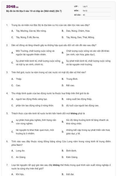 Bộ đề ôn thi Địa lí vào 10 có đáp án (Mới nhất) (Đề 7)