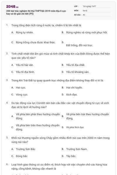 200 bài trắc nghiệm thi thử THPTQG 2019 môn Địa lí cực hay có lời giải chi tiêt (P5)
