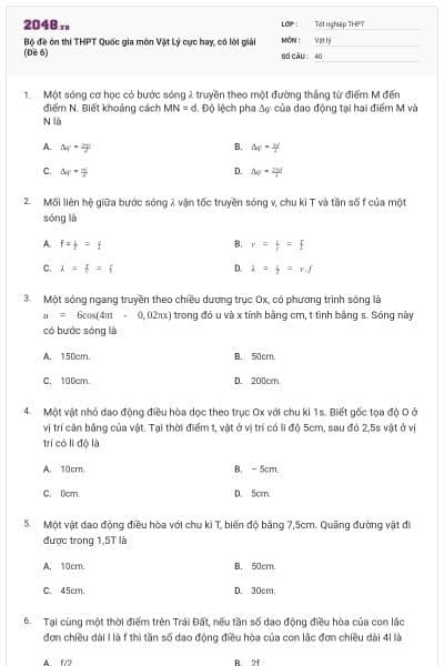 Bộ đề ôn thi THPT Quốc gia môn Vật Lý cực hay, có lời giải (Đề 6)