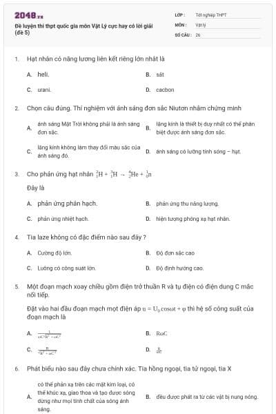 Đề luyện thi thpt quốc gia môn Vật Lý cực hay có lời giải (đề 5)