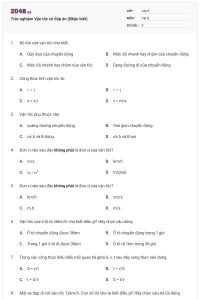 Trắc nghiệm Vận tốc có đáp án (Nhận biết)