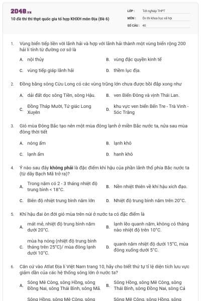 10 đề thi thi thpt quốc gia tổ hợp KHXH môn Địa (Đề 6)