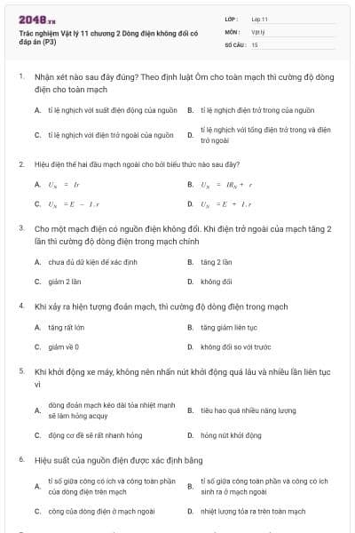 Trắc nghiệm Vật lý 11 chương 2 Dòng điện không đổi có đáp án (P3)