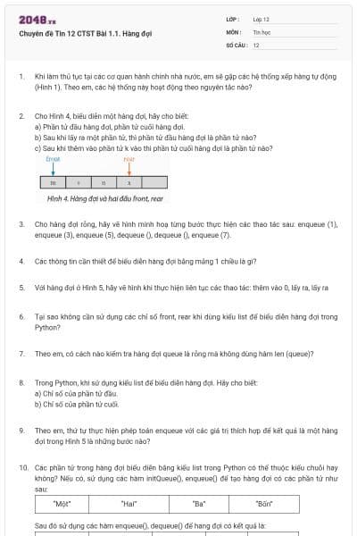 Chuyên đề Tin 12 CTST Bài 1.1. Hàng đợi