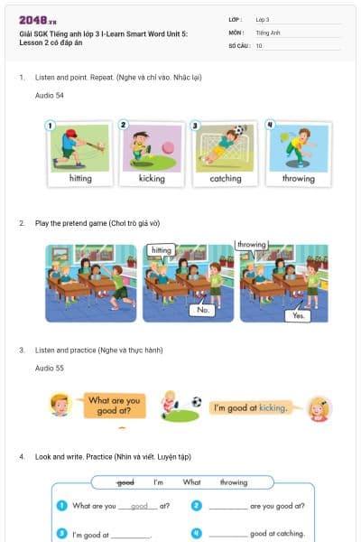 Giải SGK Tiếng anh lớp 3 I-Learn Smart Word Unit 5: Lesson 2 có đáp án