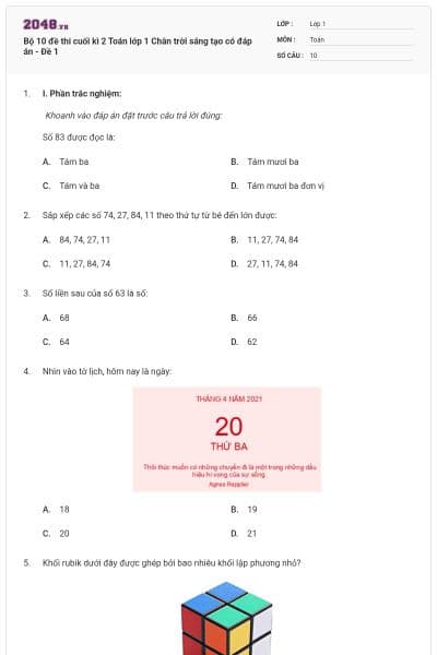 Bộ 10 đề thi cuối kì 2 Toán lớp 1 Chân trời sáng tạo có đáp án - Đề 1