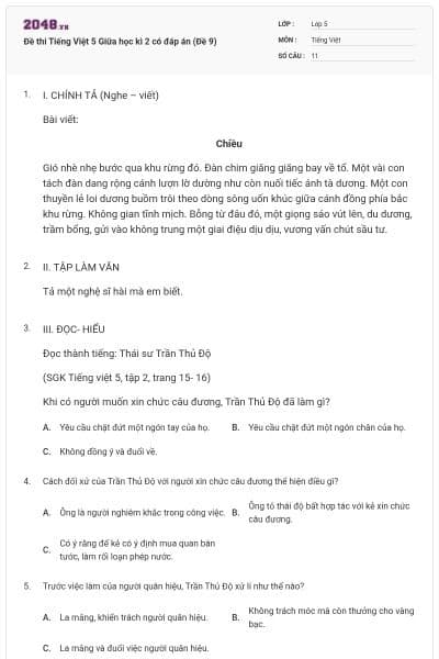 Đề thi Tiếng Việt 5 Giữa học kì 2 có đáp án (Đề 9)