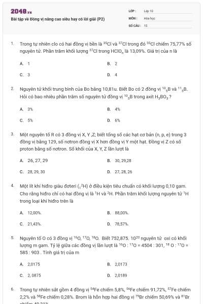Bài tập về Đồng vị nâng cao siêu hay có lời giải (P2)