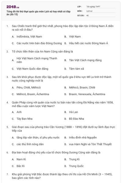 Tổng đề thi thử thpt quốc gia môn Lịch sử hay nhất có đáp án (đề 15)