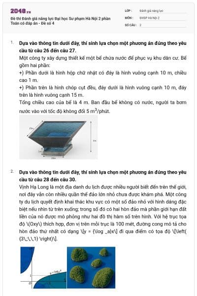 Đề thi Đánh giá năng lực Đại học Sư phạm Hà Nội 2 phần Toán có đáp án - Đề số 4
