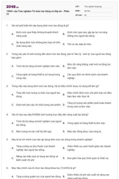 1000+ câu Trắc nghiệm Tổ chức lao động có đáp án - Phần 31