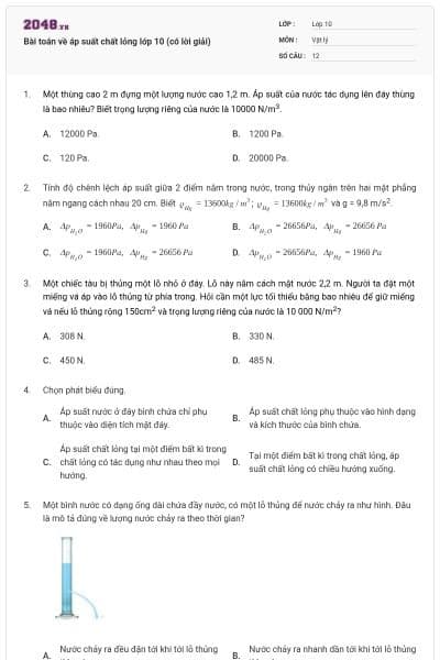 Bài toán về áp suất chất lỏng lớp 10 (có lời giải)