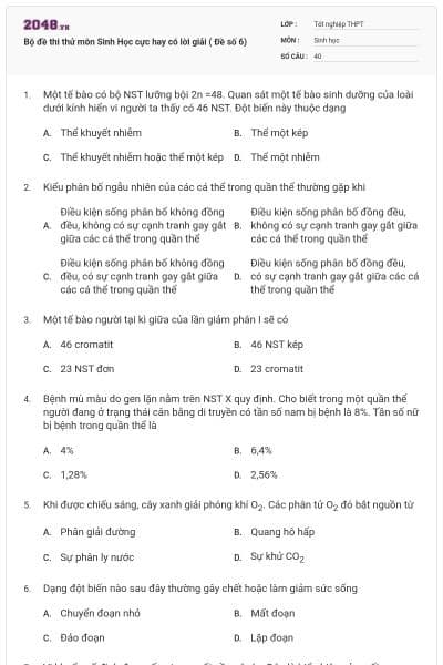 Bộ đề thi thử môn Sinh Học cực hay có lời giải ( Đề số 6)