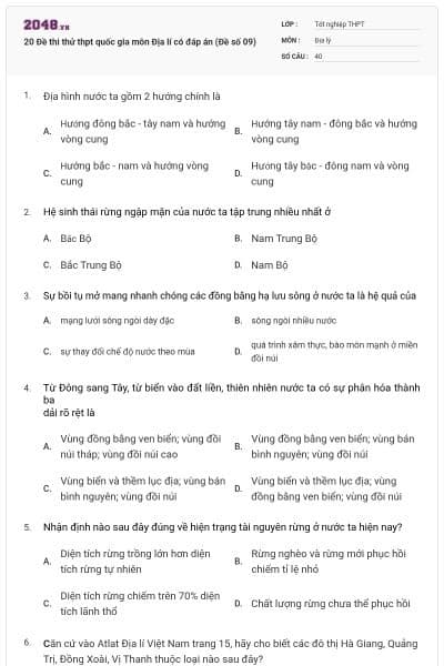 20 Đề thi thử thpt quốc gia môn Địa lí có đáp án (Đề số 09)