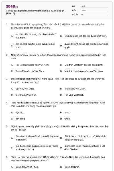 15 câu trắc nghiệm Lịch sử 9 Cánh diều Bài 12 có đáp án (Phần 5)