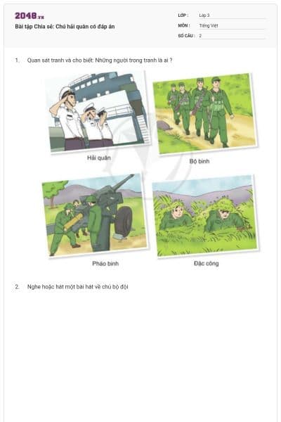 Bài tập Chia sẻ: Chú hải quân có đáp án