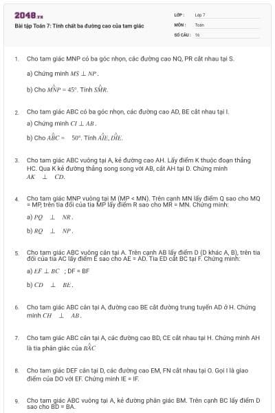 Bài tập Toán 7: Tính chất ba đường cao của tam giác