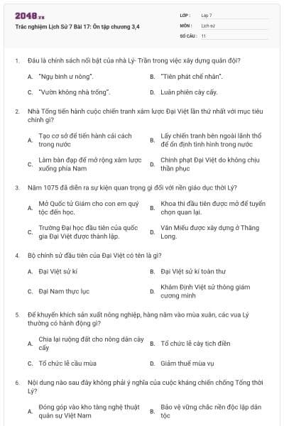 Trắc nghiệm Lịch Sử 7 Bài 17: Ôn tập chương 3,4