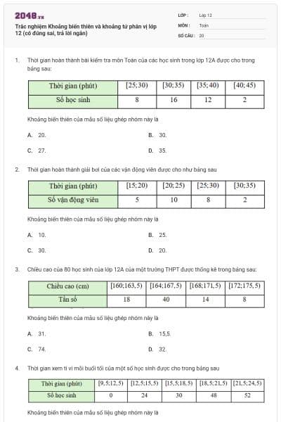 Trắc nghiệm Khoảng biến thiên và khoảng tứ phân vị lớp 12 (có đúng sai, trả lời ngắn)
