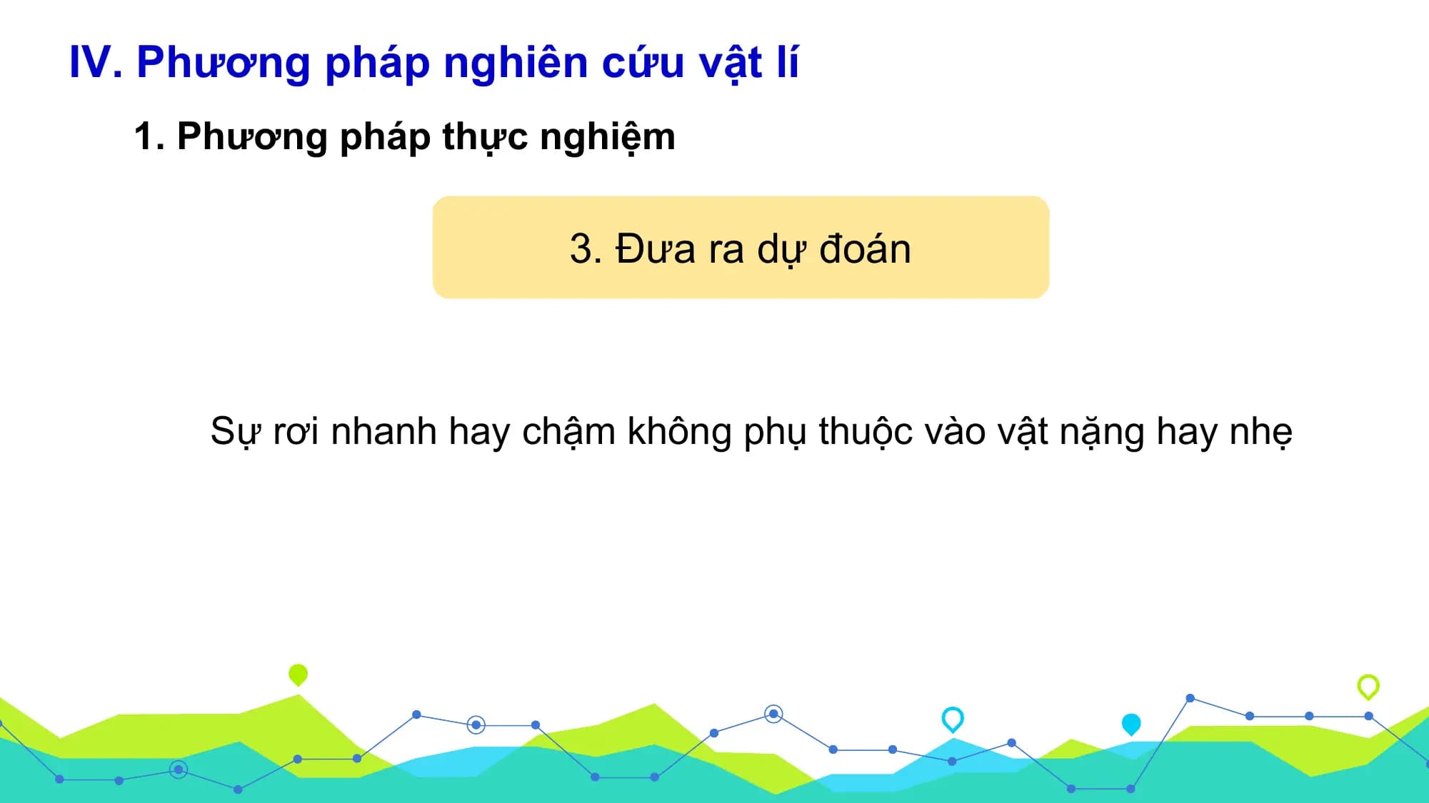 IV. Phương pháp nghiên cứu vật lí
 1. Phương pháp thực nghiệm

 3. Đưa ra dự đoán

 Sự rơi nhanh hay chậm không phụ thuộc vào vật nặng hay nhẹ