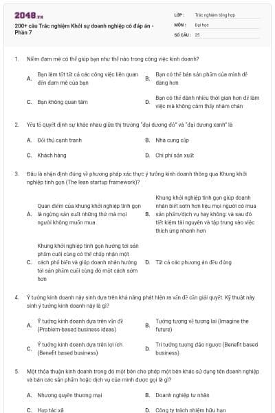 200+ câu Trắc nghiệm Khởi sự doanh nghiệp có đáp án - Phần 7
