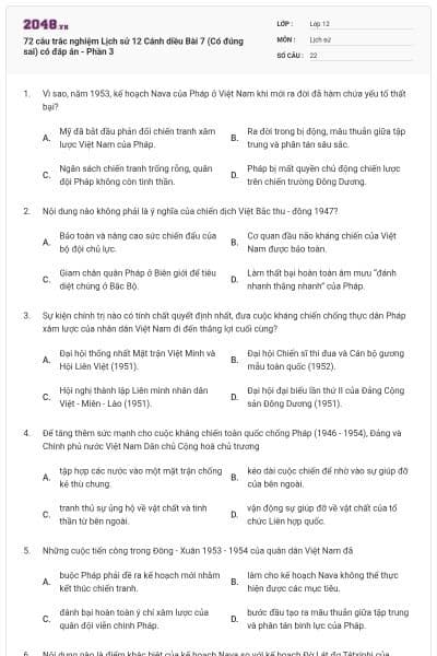 72 câu trắc nghiệm Lịch sử 12 Cánh diều Bài 7 (Có đúng sai) có đáp án - Phần 3