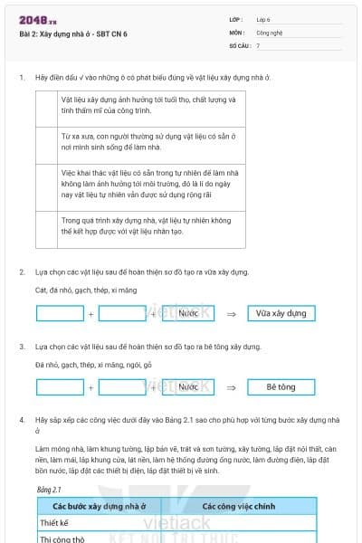 Bài 2: Xây dựng nhà ở - SBT CN 6