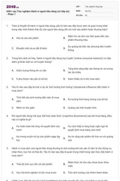 600+ câu Trắc nghiệm Hành vi người tiêu dùng (có đáp án) - Phần 7