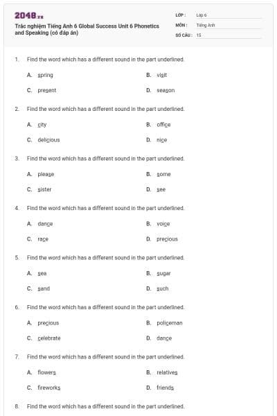Trắc nghiệm Tiếng Anh 6 Global Success Unit 6 Phonetics and Speaking (có đáp án)