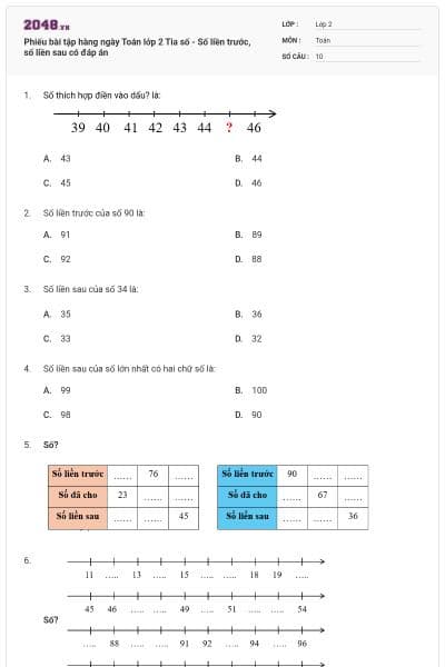Phiếu bài tập hàng ngày Toán lớp 2 Tia số - Số liền trước, số liền sau có đáp án