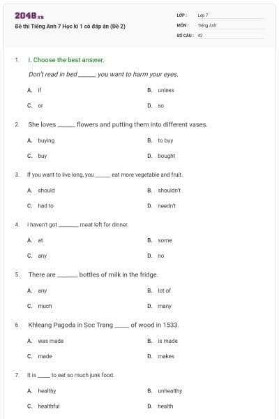 Đề thi Tiếng Anh 7 Học kì 1 có đáp án (Đề 2)