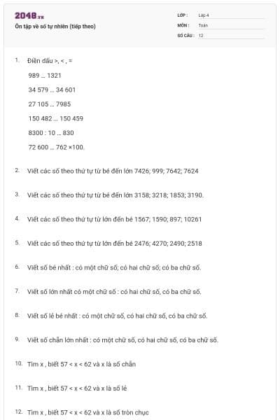 Ôn tập về số tự nhiên (tiếp theo)
