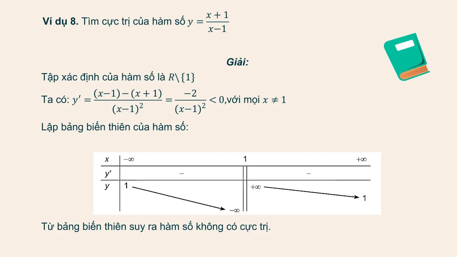 𝑥+1
Ví dụ 8. Tìm cực trị của hàm số 𝑦 =
 𝑥−1

 Giải:
Tập xác định của hàm số là 𝑅\ 1
 𝑥−1 − 𝑥 + 1 −2
Ta có: 𝑦′ = = < 0,với mọi 𝑥 ≠ 1
 𝑥−1 2
 𝑥−1 2

Lập bảng biến thiên của hàm số:

Từ bảng biến thiên suy ra hàm số không có cực trị.