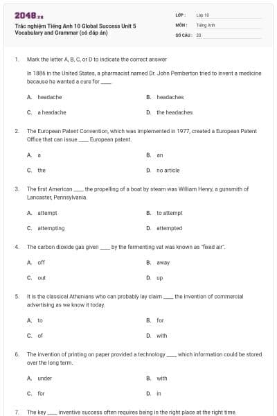 Trắc nghiệm Tiếng Anh 10 Global Success Unit 5 Vocabulary and Grammar (có đáp án)