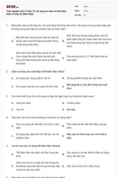 Trắc nghiệm Vật lí 9 Bài 19: Sử dụng an toàn và tiết kiệm điện có đáp án (Mới nhất)