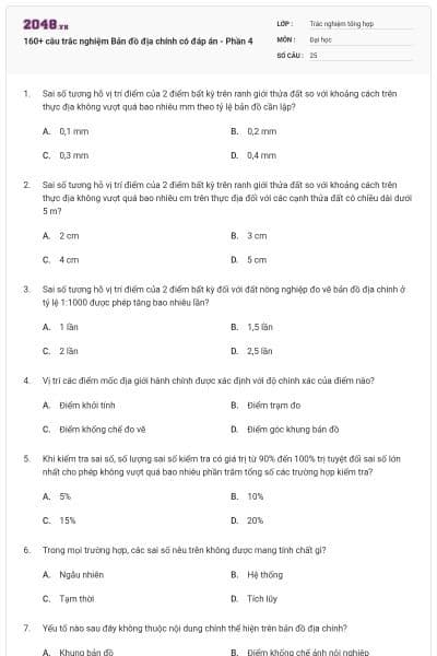 160+ câu trắc nghiệm Bản đồ địa chính có đáp án - Phần 4