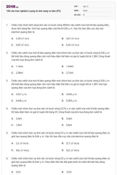 100 câu trắc nghiệm Lượng tử ánh sáng cơ bản (P2)