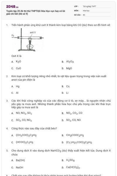 Tuyển tập 20 đề thi thử THPTQG Hóa Học cực hay có lời giải chi tiết (Đề số 9)