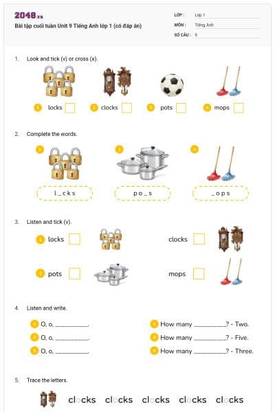 Bài tập cuối tuần Unit 9 Tiếng Anh lớp 1 (có đáp án)